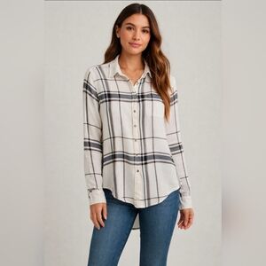 Lucky Brand Cream Black and Tan Plaid Button-Down Shirt, High Low Womens Medium